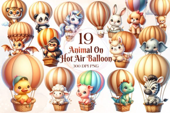 Animal on Hot Air Balloon Clipart: A Whimsical Design Asset