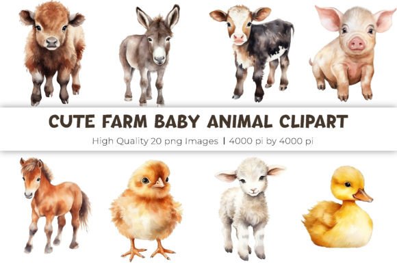 Charming Farm Baby Animal Watercolor Clipart for Creative Projects