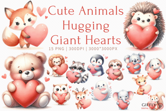 Cute Animal Hugging Giant Heart Clipart for Creative Projects