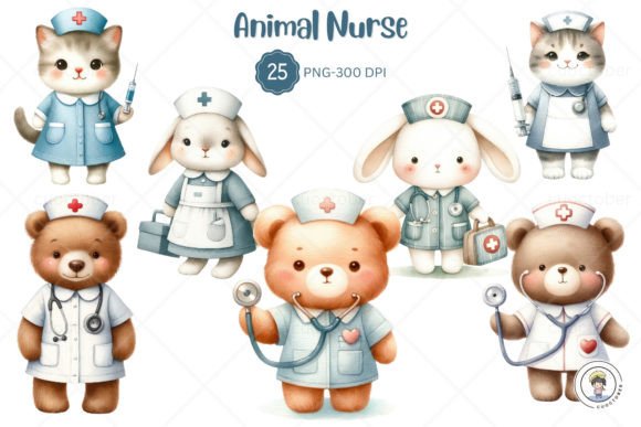 Cute Animal Wear Nurse Costume Clipart for Creative Projects