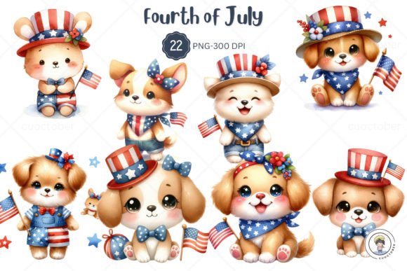 Festive Fourth of July Cute Animal Watercolor Design Assets