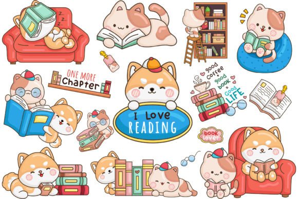 Unleash Creativity with Dog and Cat Animal Reading Clipart