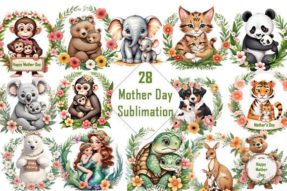 Watercolor Animal Mother Day Sublimation: Creative Design Assets