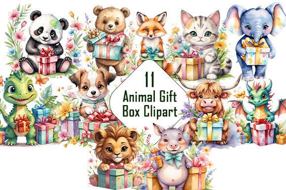 Watercolor Animal with Gift Box Clipart: A Versatile Design Asset