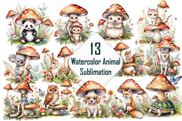 Watercolor Animal with Mushroom Clipart: Whimsical Design Assets